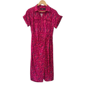 Lauren Ralph Lauren Dress Womens 4 Midi Fuchsia Geo-Print Shantung Tie-Waist